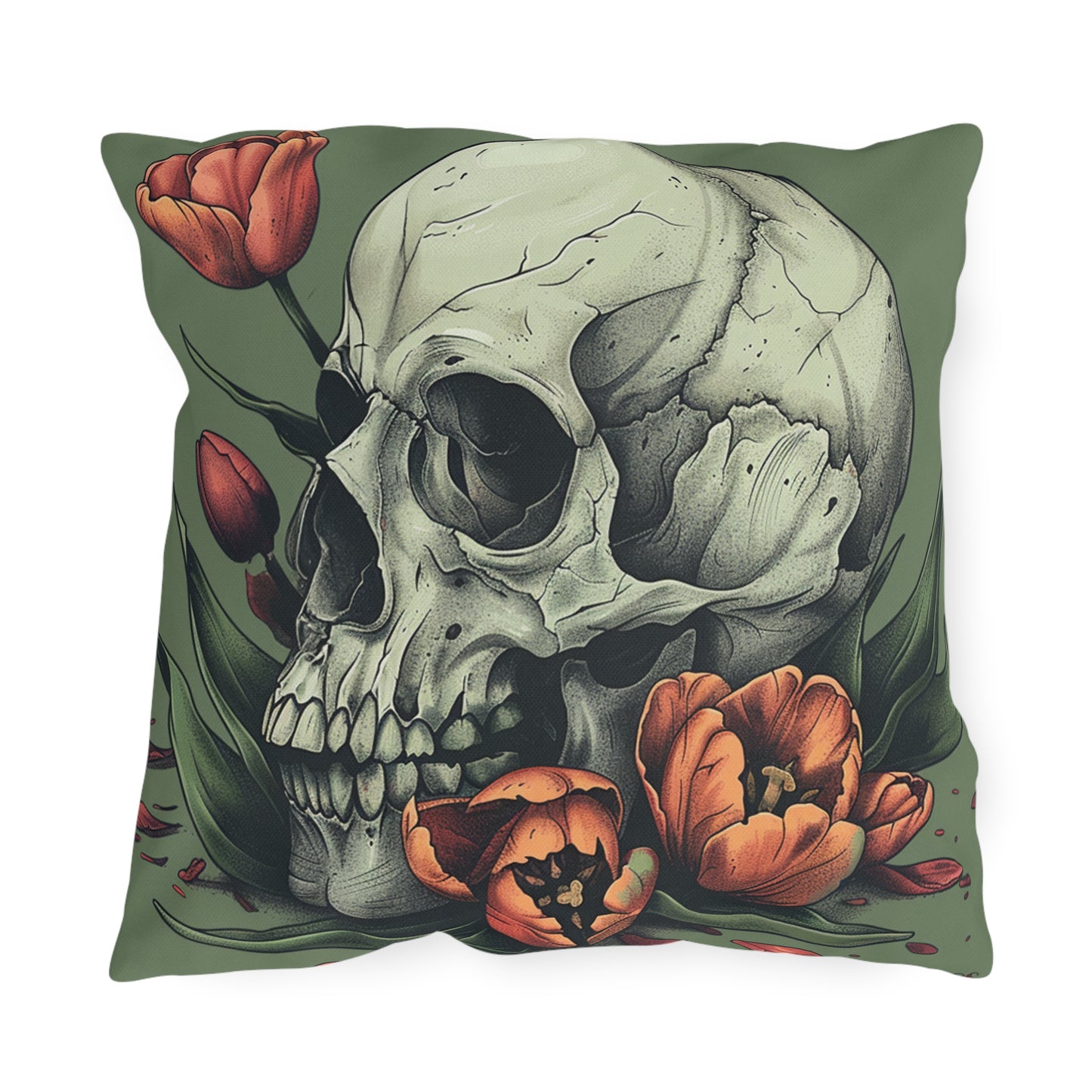 Spooky Spring Skull Outdoor Throw Pillow Facing Left