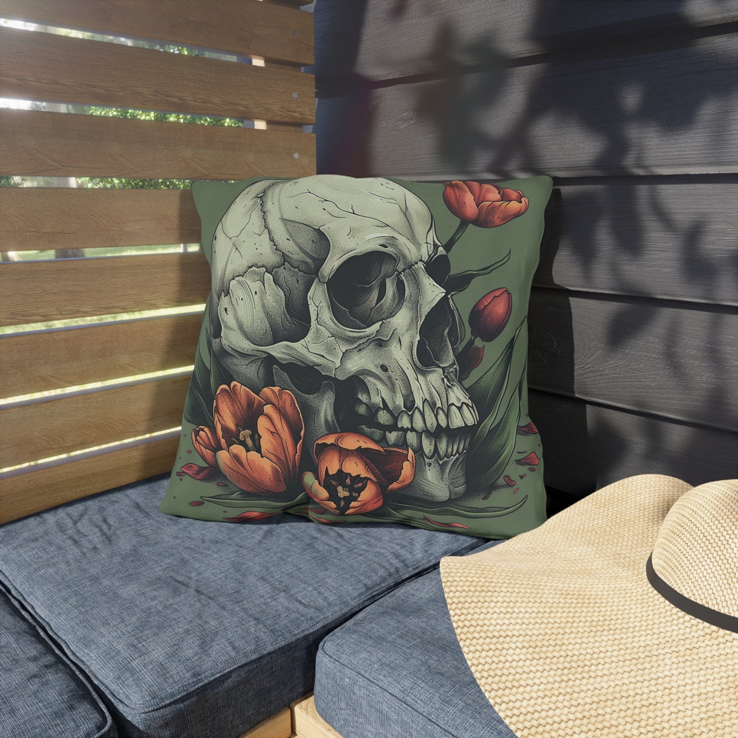 Spooky Spring Skull Outdoor Throw Pillow Facing Right
