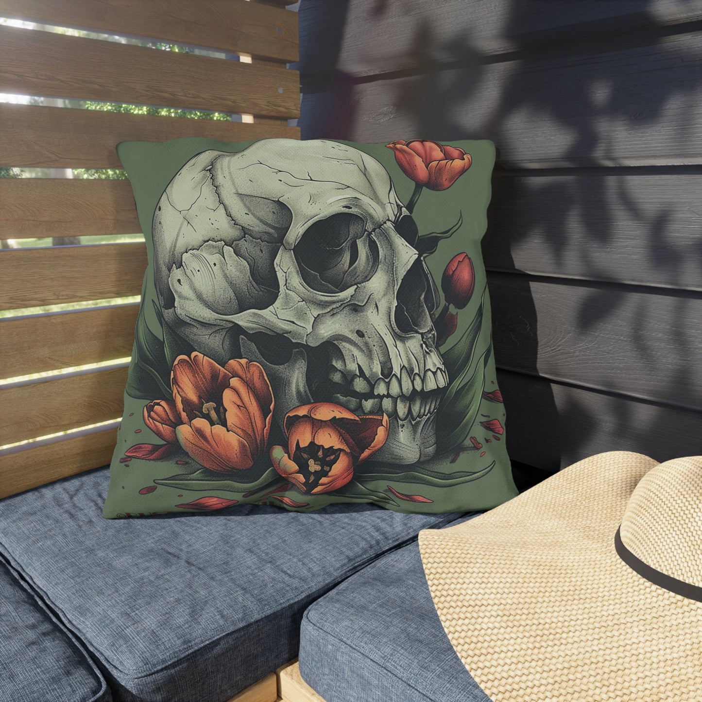 Spooky Spring Skull Outdoor Throw Pillow Facing Right